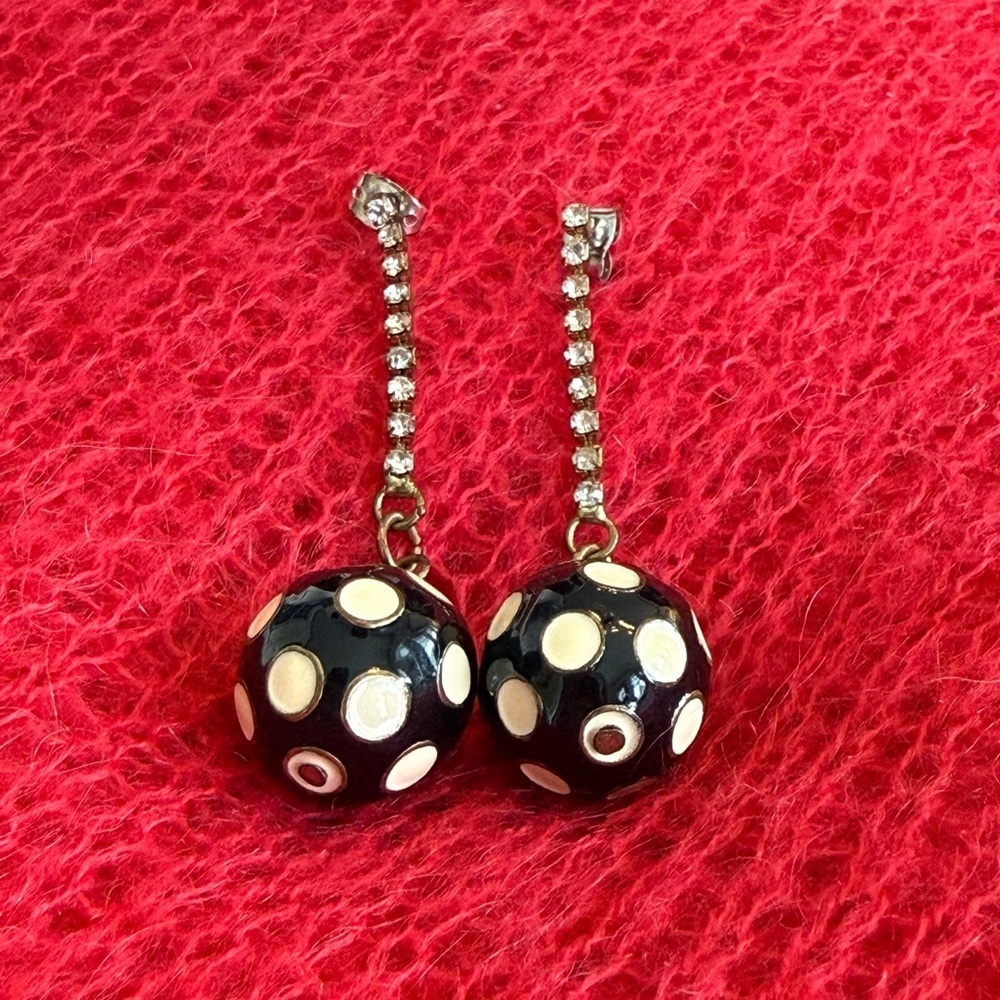 Betsey Johnson | Y2K Black & Cream Polka Dot & Rhinestone Dangle Ball Earrings